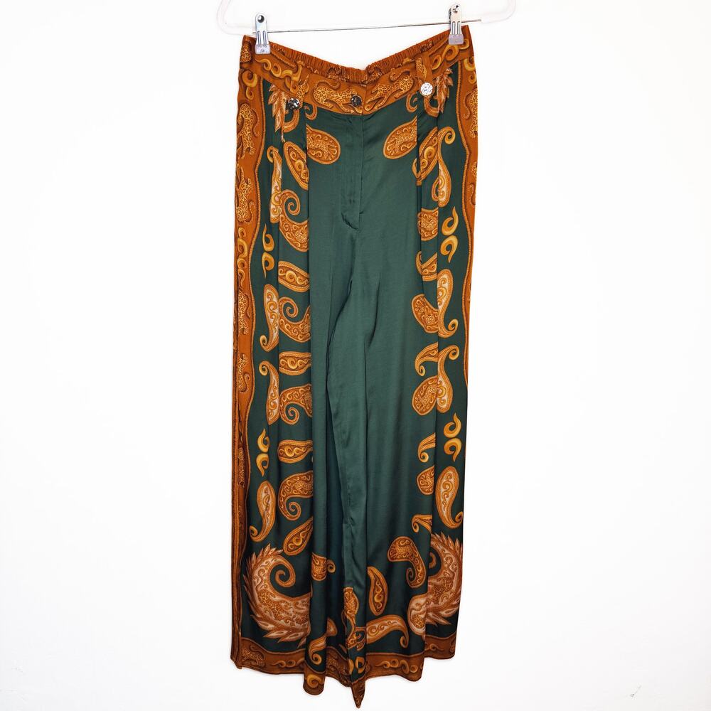 NWT Anthropologie Farm Rio Printed Wide Leg Green Gold Cheetah Satin Pants Med - Picture 14 of 15